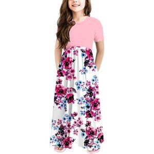 🆕Girls Pink Polyester Blend Casual Loose Fit Maxi Dress with Pockets, 1